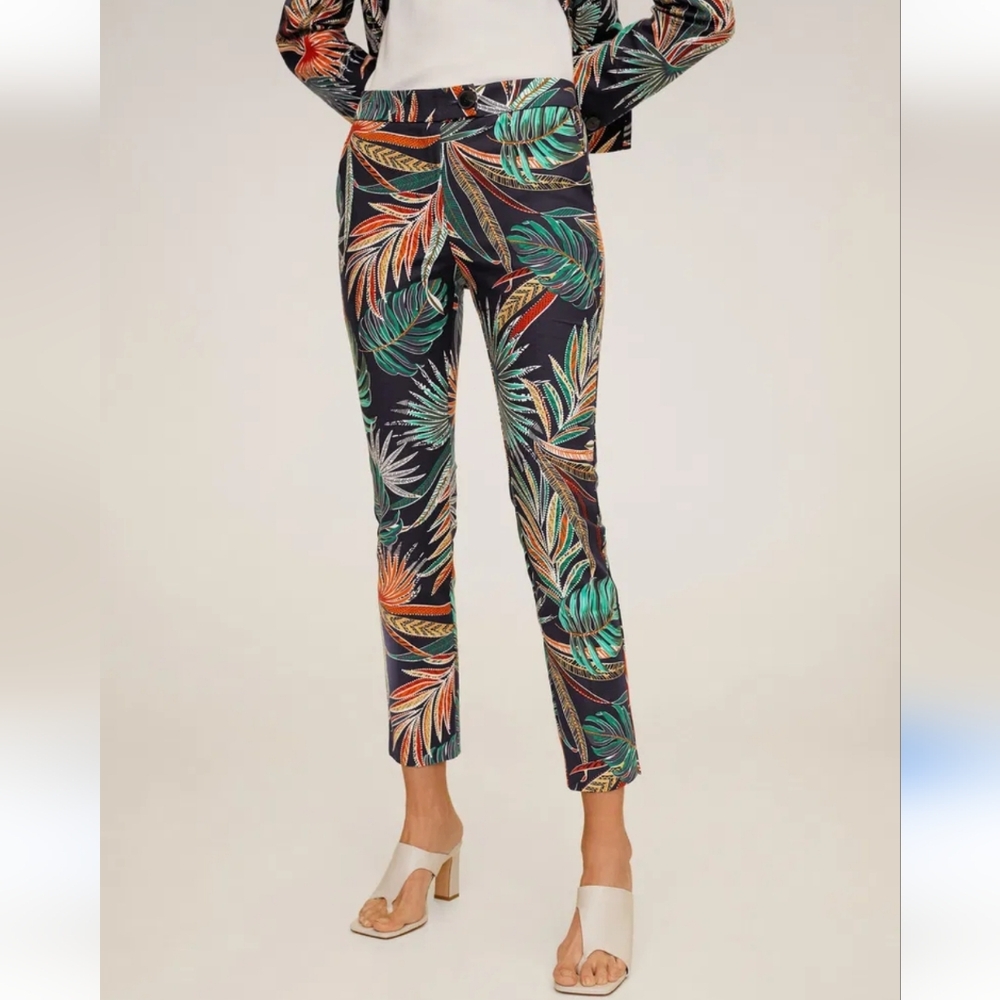 Mango Women's Tropical Print Slim-Leg Black Multicolor Pants Size 4 Resort Chic